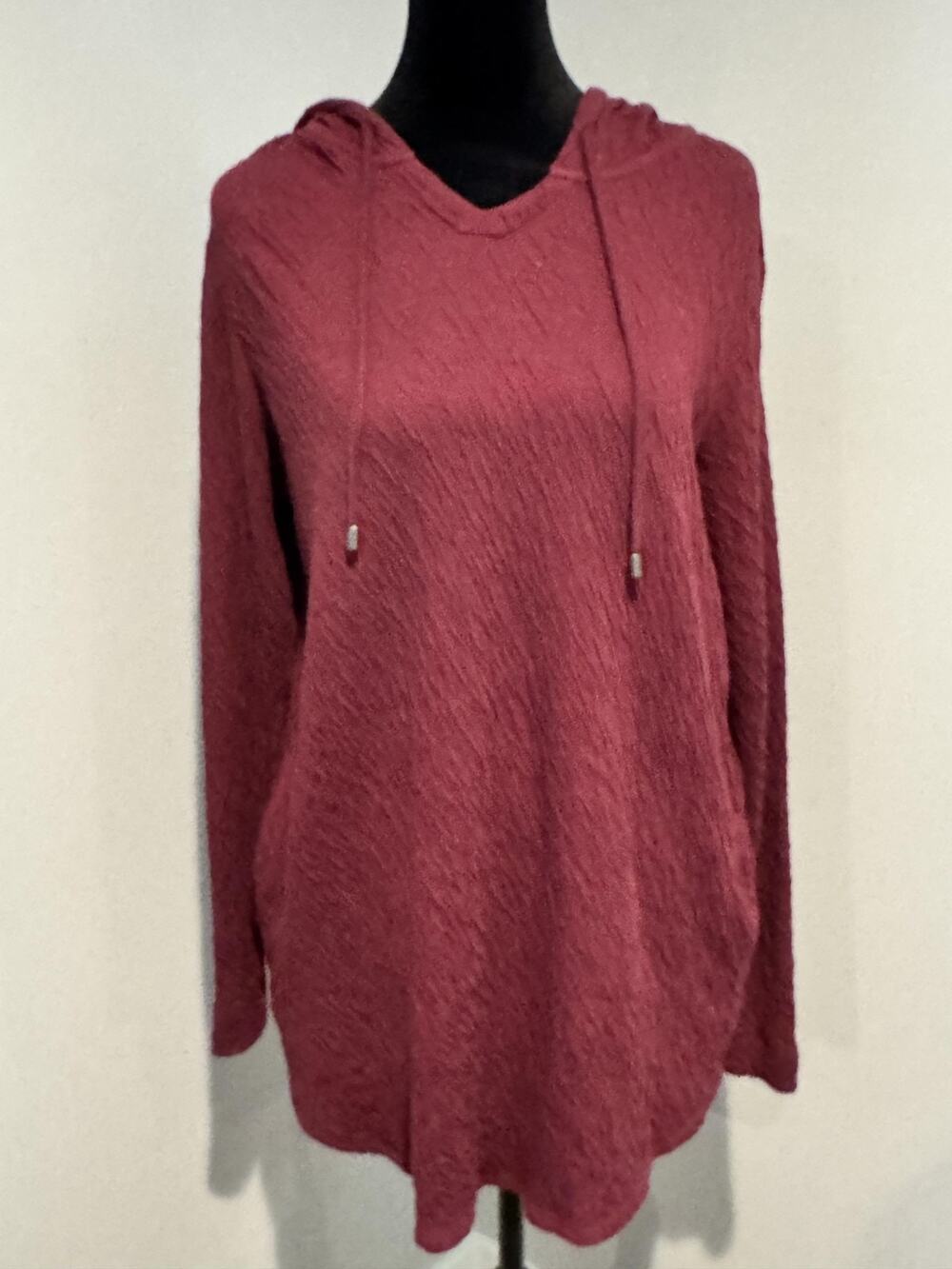 J Jill Hooded Tunic Top Large Red Crinkle V Neck Long Sleeve Pockets Pullover